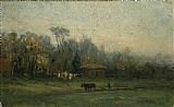 Edward Mitchell Bannister Famous Paintings - landscape with man plowing fields